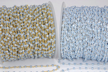 Baby Blue Chalcedony AB Rosary Gold Chain, Black or Silver Wire Wrapped Chains CH #325, 4 mm Beaded Unfinished